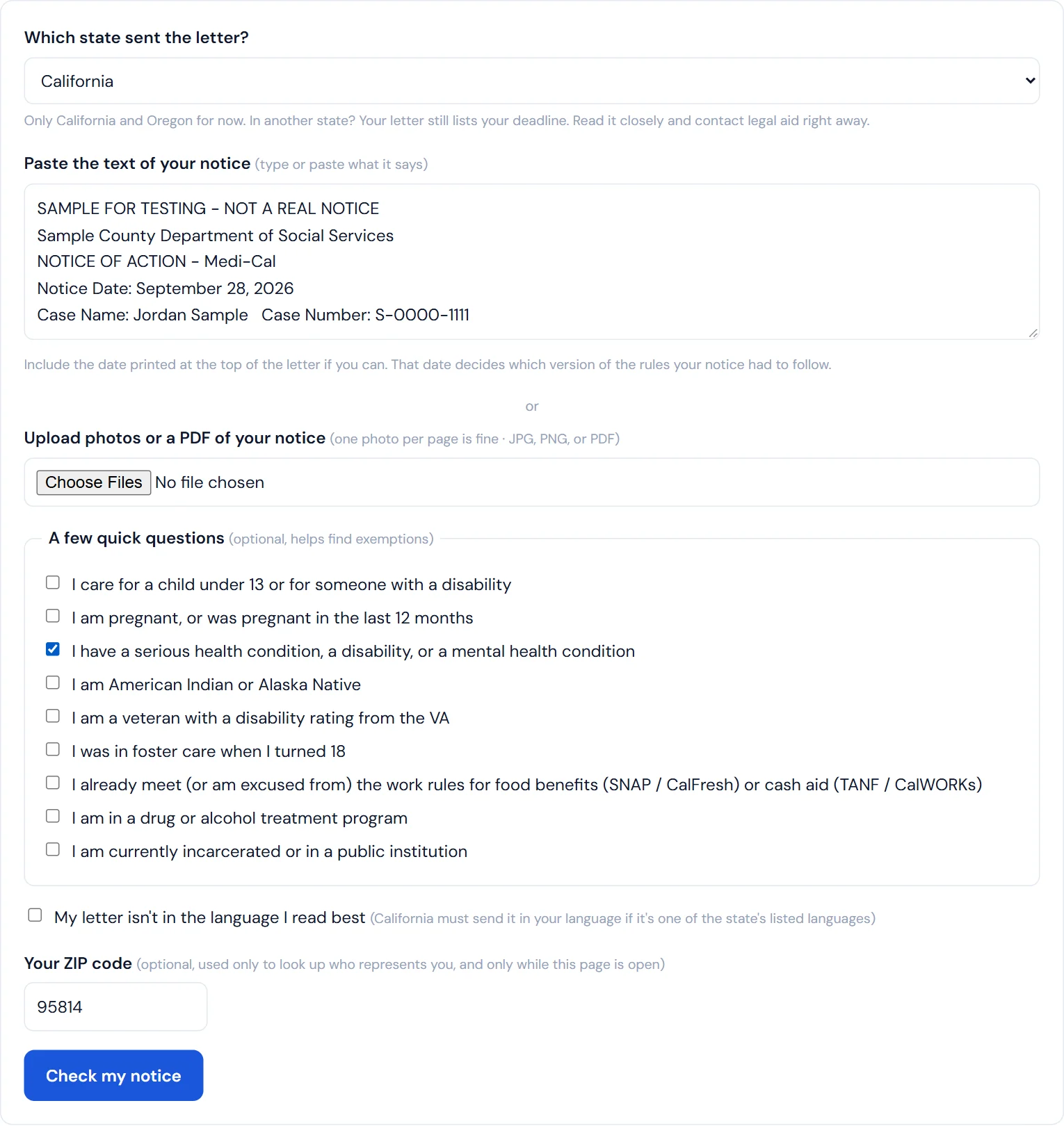 The Medicaid Appeal Assistant form: state, the pasted notice, optional questions, and a ZIP code