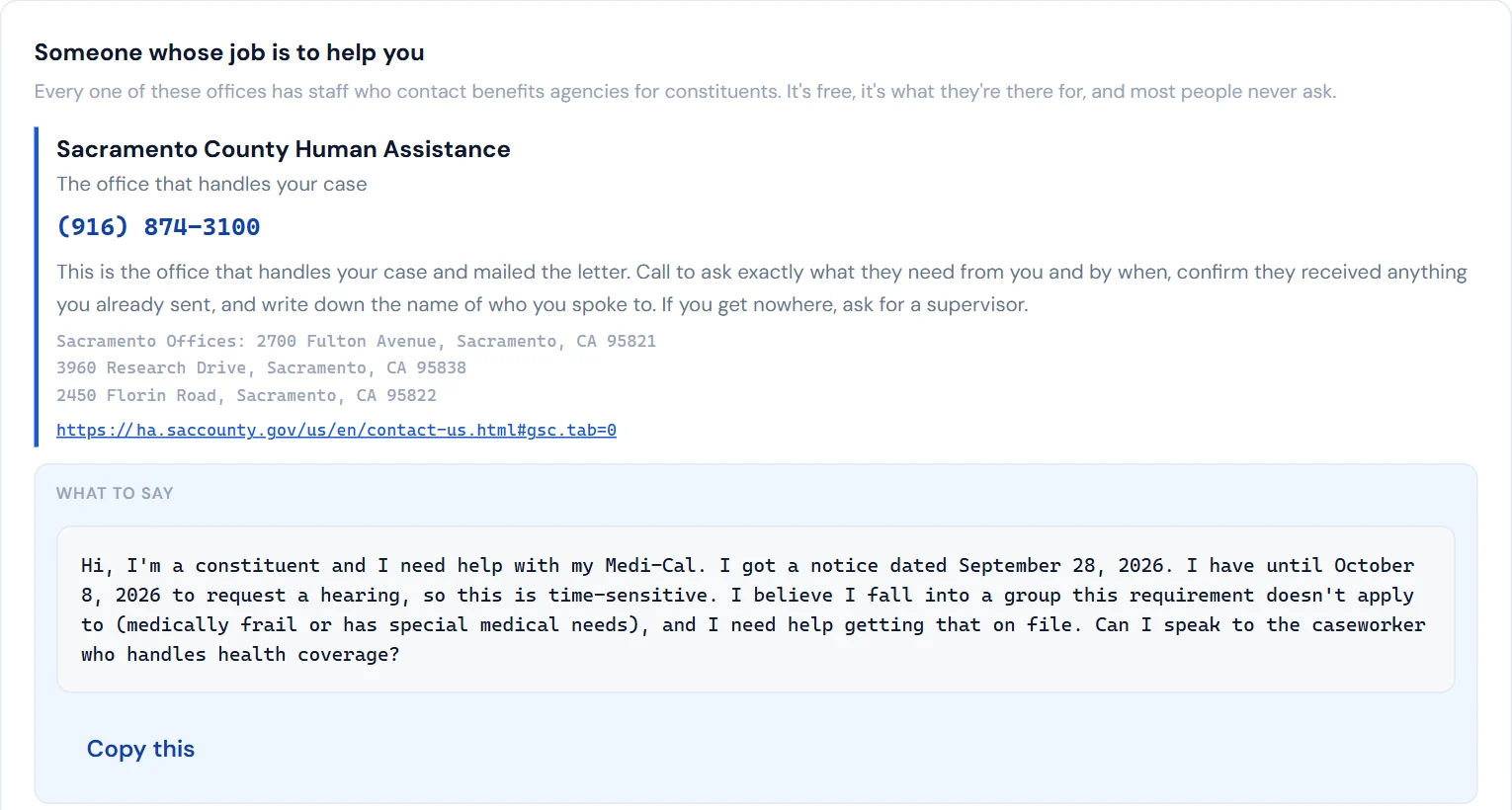 The county office that handles the case, with its phone number, and a script to read on the call