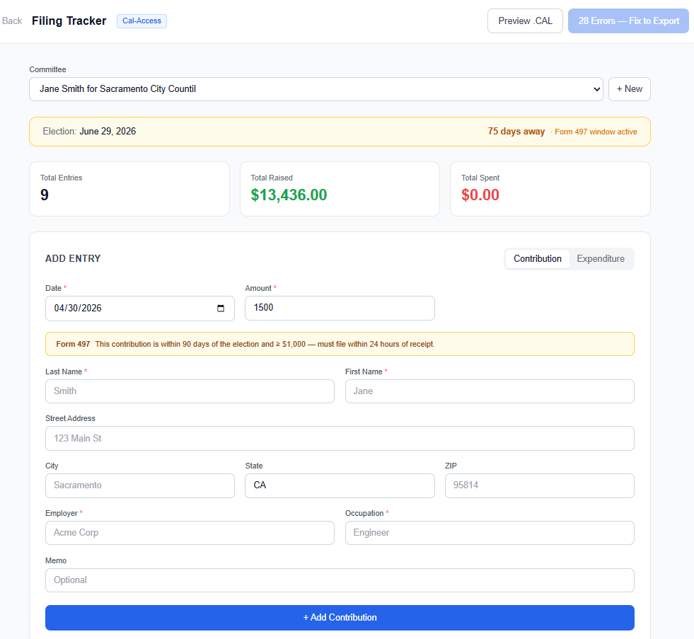 PolicySpan California Filing Tracker showing a transaction ledger with Form 460 and Form 497 badges, inline compliance error flags for missing employer and occupation fields, and an export button blocked until all required fields are complete